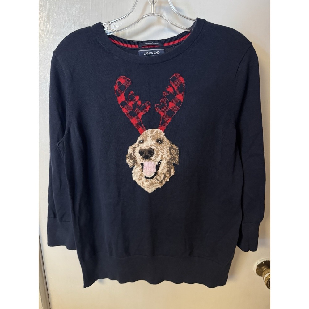 Women's Size M Lands' End Navy Supima Cotton Crewneck‎ Animal Sweater 3/4 Sleeve